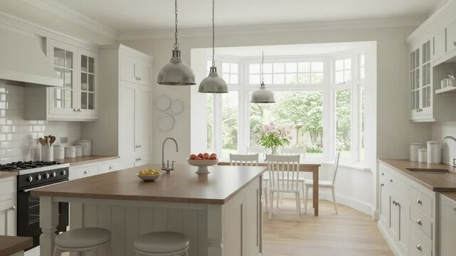 A bright and modern kitchen features an island and bay window