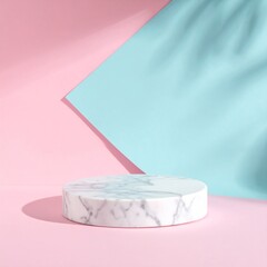 Round Marble Display Stand on Pastel Pink and Blue Background