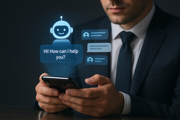 AI bot, chatbot interface, ChatGPT style, virtual assistant, blue robot avatar, friendly AI, smartphone screen, conversational AI, smart assistant, mobile chatbot, digital helper, AI interaction, chat