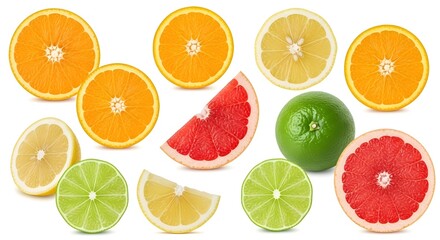 A colorful assortment of fresh, juicy citrus fruits, including lemon , lemons, limes, and grapefruits, presented as whole fruits, halves, and wedges. This bright and healthy collection lemon day
