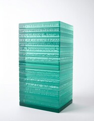 Teal Layered Glass Sculpture on White Background