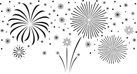 A monochrome illustration of fireworks and stars on a white backdrop
