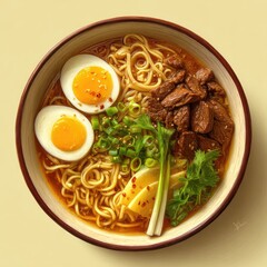 Overhead view of a bowl of ramen featuring tender beef, two soft-boiled eggs, noodles, scallions, and bamboo shoots in a rich broth