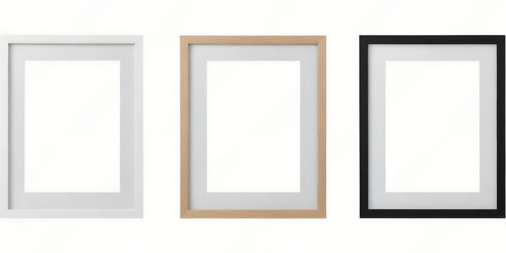 three picture frames on white wall, Modern standard A4 A3 size picture frame mockup transparent PNG set bundle, isolated background. White, wood, black texture color with a mat, gallery, art painting 