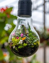 Miniature Indoor Terrarium in Hanging Lightbulb