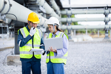 Engineer and technician working together at power substation performing high voltage infrastructure...