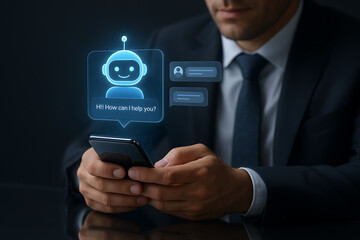 AI bot, chatbot interface, ChatGPT style, virtual assistant, blue robot avatar, friendly AI, smartphone screen, conversational AI, smart assistant, mobile chatbot, digital helper, AI interaction, chat