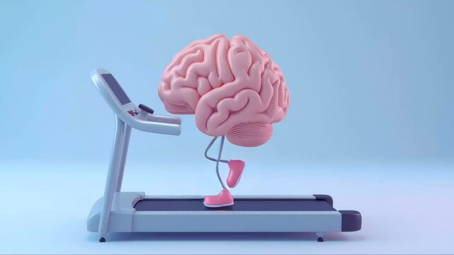 3d animation of a human brain character running on a treadmill on isolated blue background