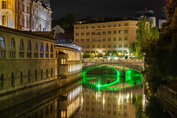 Night view of Ljubljanica river and Triple bridge (Tromostovlje) in old city center