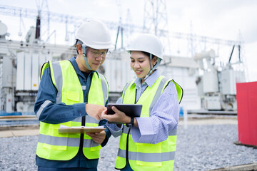 Two engineers are working together at high voltage power substation performing inspection check on...