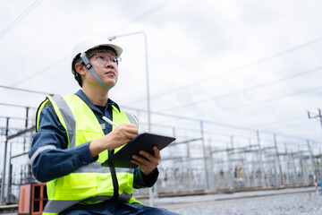 Engineer is working at high voltage power substation performing inspection and check of...