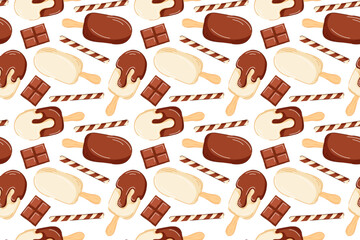 Seamless pattern with chocolate ice cream and wafer in cartoon. Perfect for summer packaging, dessert menu and sweet food theme project.