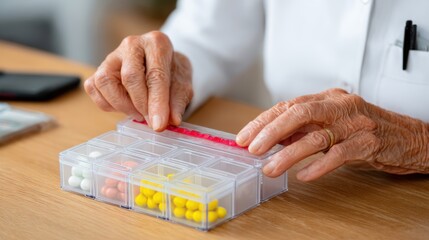 Caregiver organizing weekly pill box for patient