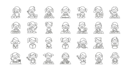 Children's Activities and Learning Line Icon Set