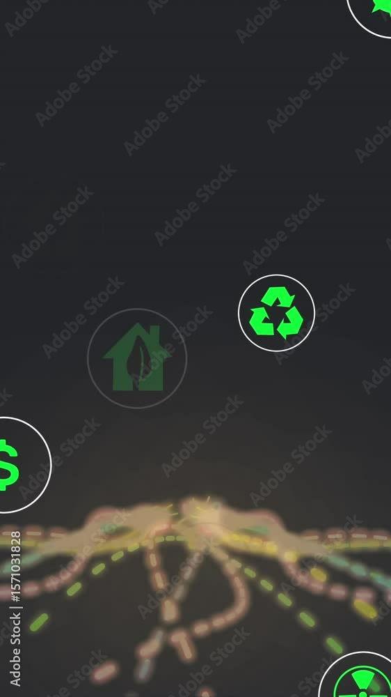 Poster animation of multiple digital icons floating over glowing light trails against black background