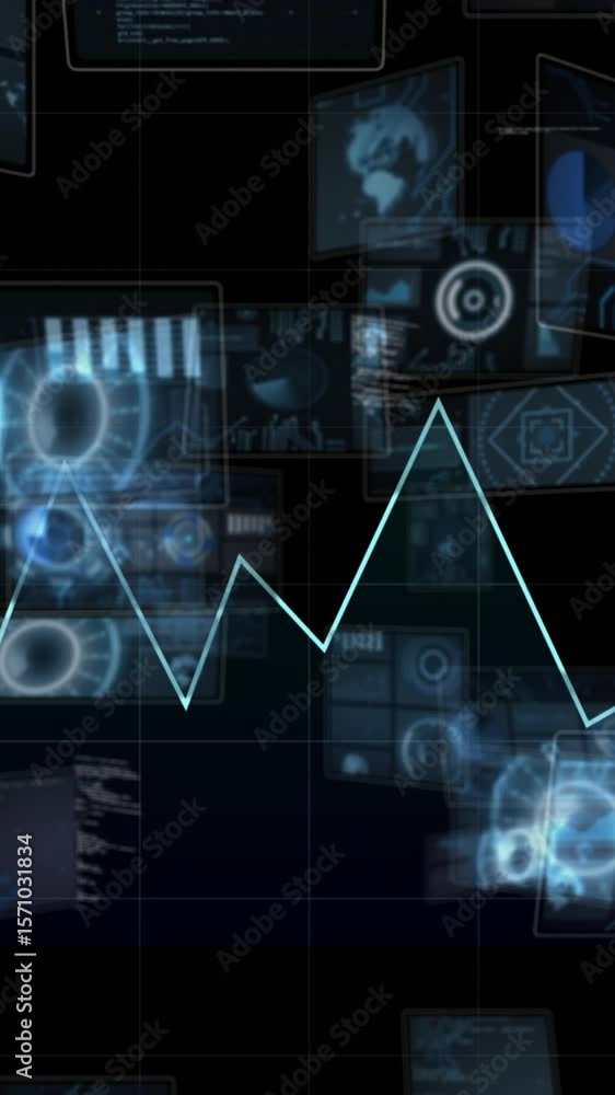 Poster animation of graph with changing numbers over circles, graphs, globe against computer language