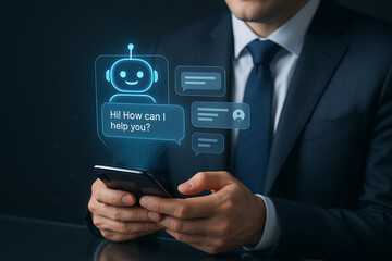AI bot, chatbot interface, ChatGPT style, virtual assistant, blue robot avatar, friendly AI, smartphone screen, conversational AI, smart assistant, mobile chatbot, digital helper, AI interaction, chat