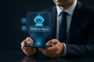 AI bot, chatbot interface, ChatGPT style, virtual assistant, blue robot avatar, friendly AI, smartphone screen, conversational AI, smart assistant, mobile chatbot, digital helper, AI interaction, chat