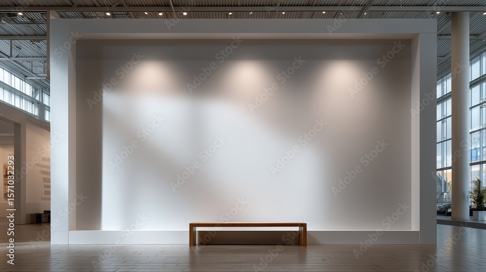 Poster empty wall with wooden bench in modern architectural space, creating a minimalist atmosphere for con