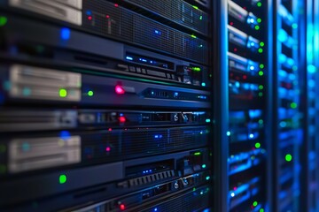 Modern data center server racks with colorful LED lights, advanced technology infrastructure symbolizing connectivity, security, and high-performance computing