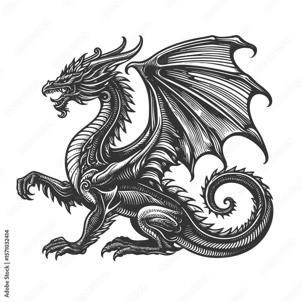 Poster dragon sketch engraving generative ai fictional character vector illustration. scratch board imitati