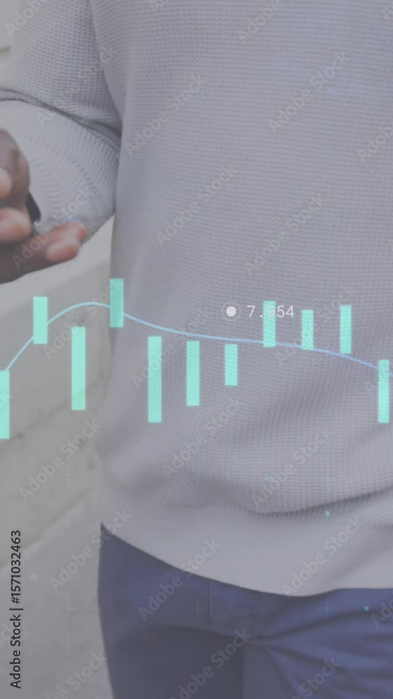 Poster animation of statistical data processing over mid section of a man using smartphone on the street