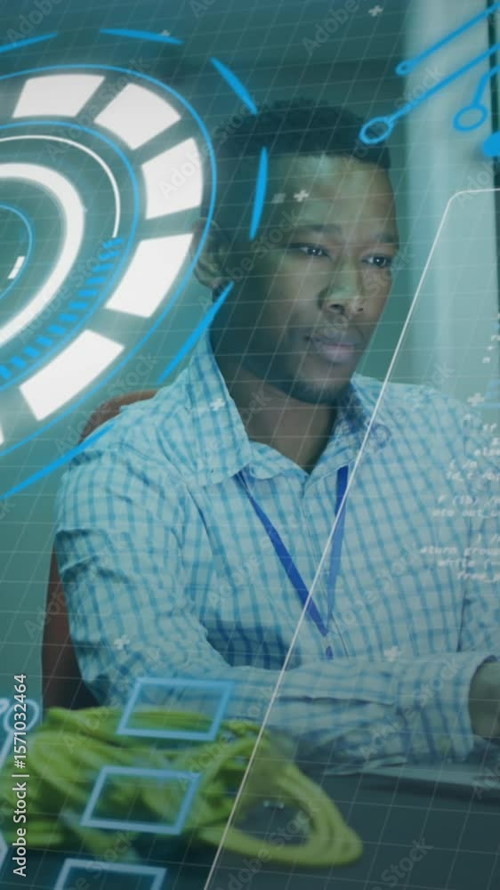 Poster animation of loading circles, computer language, african american man using laptop in server room