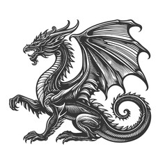 Obraz premium Dragon sketch engraving generative ai fictional character vector illustration. Scratch board imitation. Black and white image.