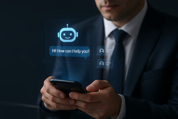 Businessman Interacting with Smart AI Chatbot Interface for Business Commands and Digital Assistance — AI Bot and Automation Concept
