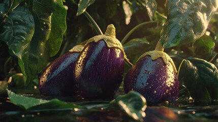 Freshly harvested eggplants glistening with water droplets, nestled among lush green leaves, showcasing vibrant colors and natural textures in a garden setting