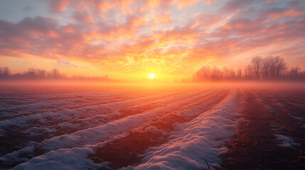 Expansive winter landscape at sunrise, showcasing vibrant orange and pink hues illuminating a snowy field, with silhouettes of trees in the background, creating a serene atmosphere