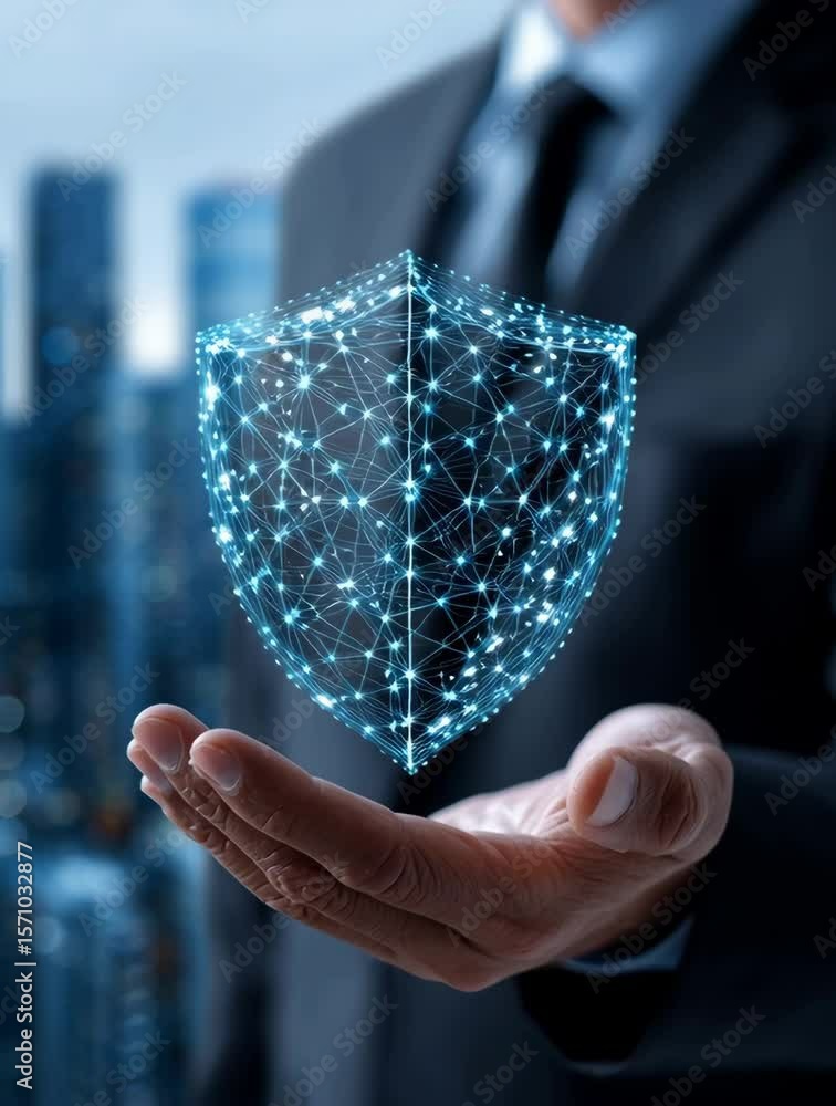 Poster digital shield hologram floating above hand symbolizing advanced cybersecurity protection network fo