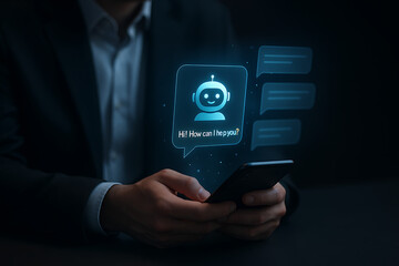 Businessman Interacting with Smart AI Chatbot Interface for Business Commands and Digital Assistance — AI Bot and Automation Concept
