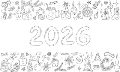 2026 New Year and Christmas Banner. Happy new Year and Merry Christmas doodle horizontal composition. Hand drawing festive vector illustration. Holiday greeting postcard design