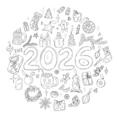 2026 New Year and Christmas Banner. Happy new Year and Merry Christmas doodle circle composition. Hand drawing festive vector illustration. Holiday greeting postcard