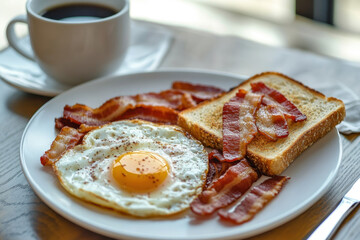 Homemade American breakfast. Fried eggs with bacon and toast, a cup of coffee and a knife on a wooden table. Healthy breakfast. The concept of healthy eating. Morning sunlight