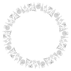 Doodle Christmas frame with birds, baubles, clocks, bells. Vector hand drawn illustration for holiday packaging, festive labels, winter decor and seasonal design isolated on white with copy space