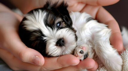 International Dog Day, A puppy being gently held in someones hands symbolize