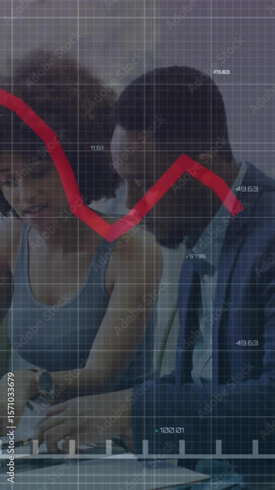 Poster animation of graph with changing numbers over diverse coworkers discussing reports in office