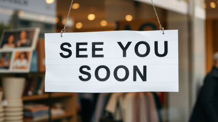 Storefront window displaying black lettered white sign indicating temporary business closure with friendly farewell message