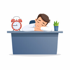 A tired worker is sleeping on a desk during working hours with an alarm clock and a plant, designed for presentations and more.