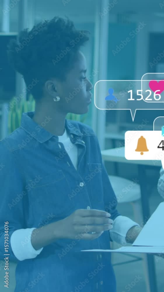 Poster animation of multiple notification bars over diverse coworkers discussing reports in office