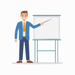 Presenter giving a business presentation on a whiteboard, perfect for corporate designs, marketing, or educational materials.