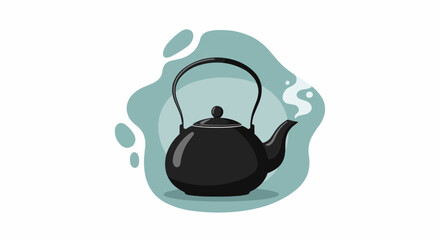 Illustration of a black kettle with steam coming out of its spout on a teal background shape