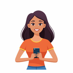 Smiling young woman with phone, a scalable graphic ideal for app interfaces or social media content, perfect for various online and digital applications.