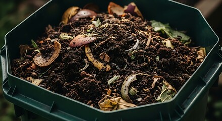 A close-up view of a compost bin filled with organic matter.