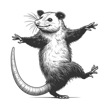 Dancing Opossum sketch engraving generative ai fictional character vector illustration. Scratch board imitation. Black and white image.