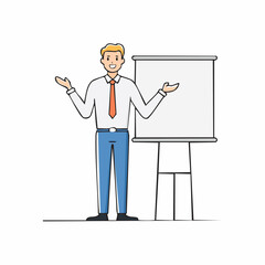 Presenter illustration showcasing a man delivering a presentation next to a blank whiteboard, great for business-themed projects and designs.