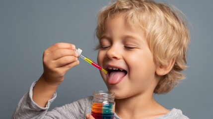 Child receiving colorful liquid medicine with smile