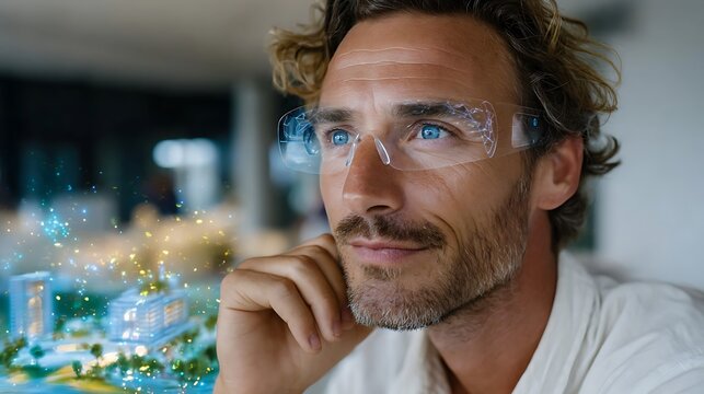 A visionary contemplates a holographic architectural model leveraging augmented reality for design innovation.